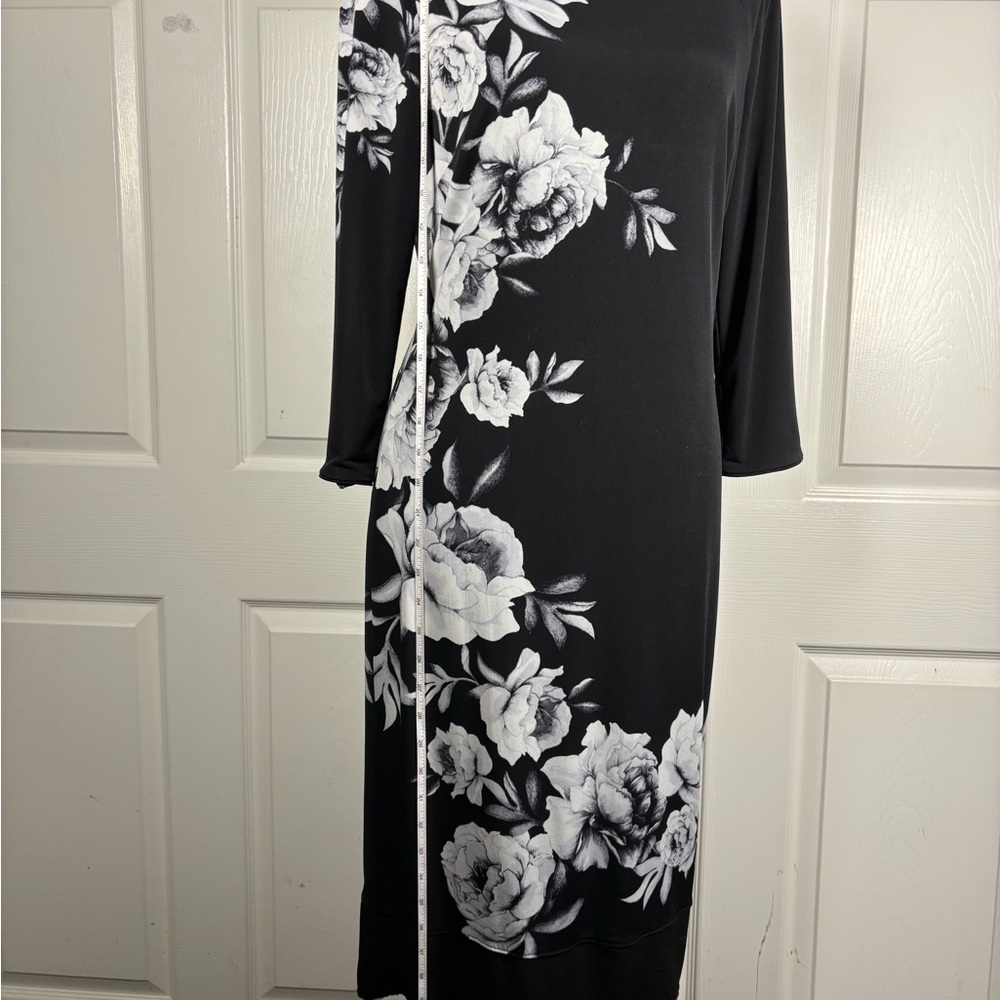 White House Black Market Asymmetrical Black Dress with White Floral Design - Picture 10 of 13